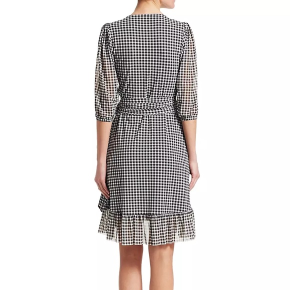 GANNI Black/White Check Gingham Print 3/4 Sleeve Mini Wrap Dress - Picture 2 of 8